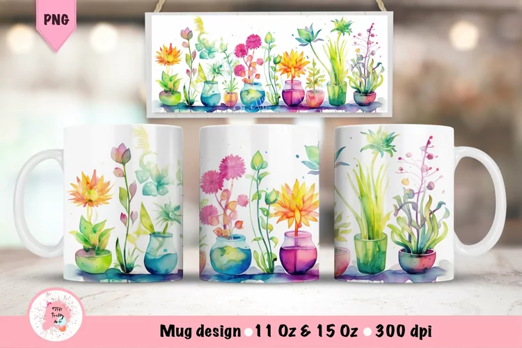 Watercolor Gardening Flowers Mug Wrap For 15 oz