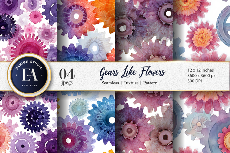 Watercolor Gears Shaped Like Flowers Seamless Digital Paper