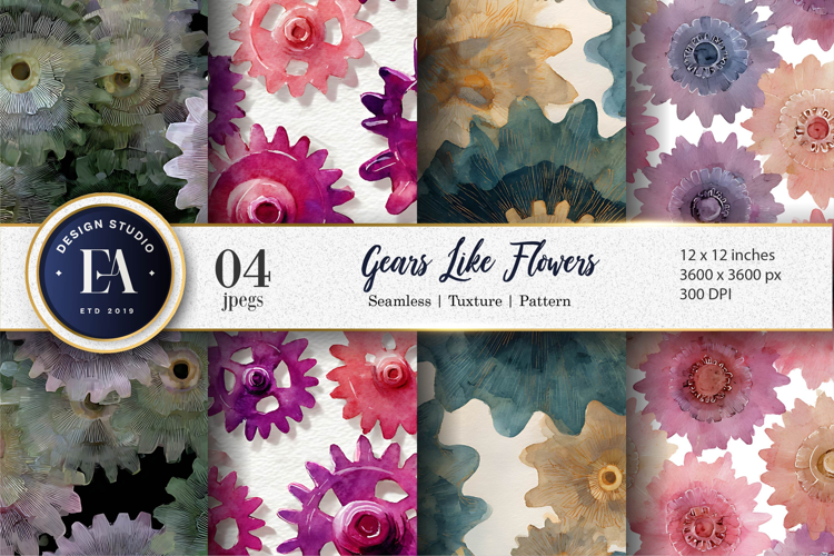 Watercolor Gears Shaped Like Flowers Digital Paper
