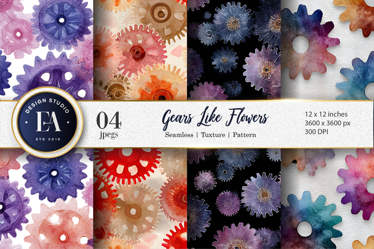 Watercolor Gears Shaped Like Flowers Digital Paper