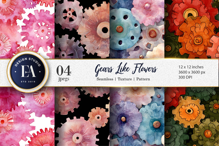 Quirky Watercolor Gears and Flowers Blend Digital Paper