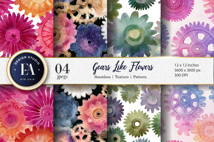 Gear Flowers Watercolor Seamless Pattern Digital Paper