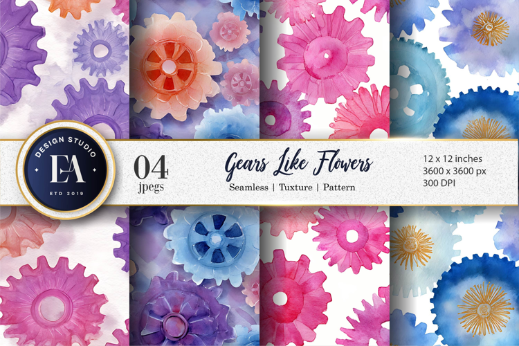 Watercolor Gears Shaped Like Flowers Seamless Digital Paper