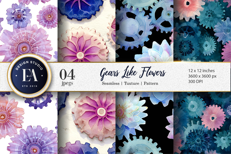 Dreamy Mechanical Gears with Floral Shapes Digital Paper