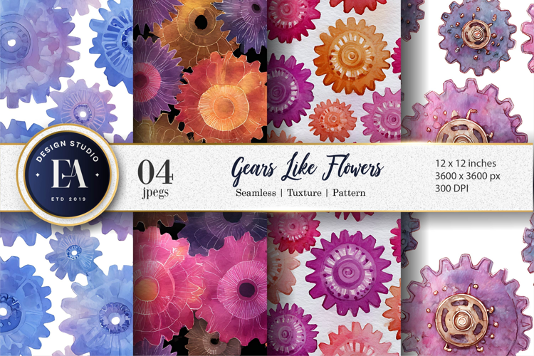 Dreamy Mechanical Gears with Floral Shapes Digital Paper