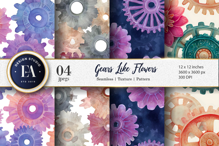 Watercolor Gears Shaped Like Flowers Seamless Digital Paper