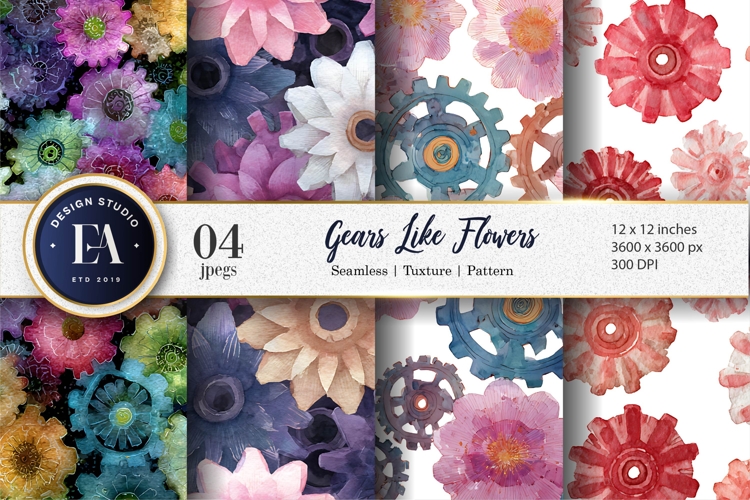 Gear Flowers Watercolor Seamless Pattern Digital Paper