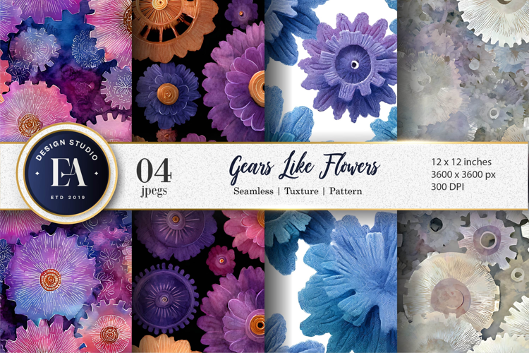 Watercolor Gears Shaped Like Flowers Digital Paper
