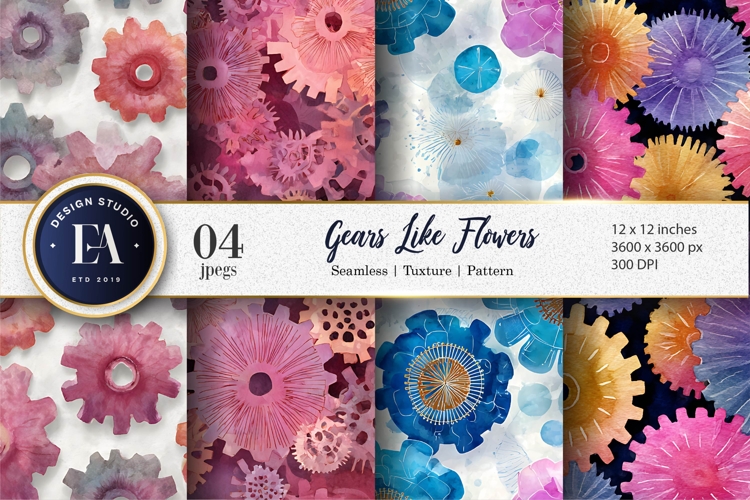 Gear Flowers Watercolor Seamless Pattern Digital Paper
