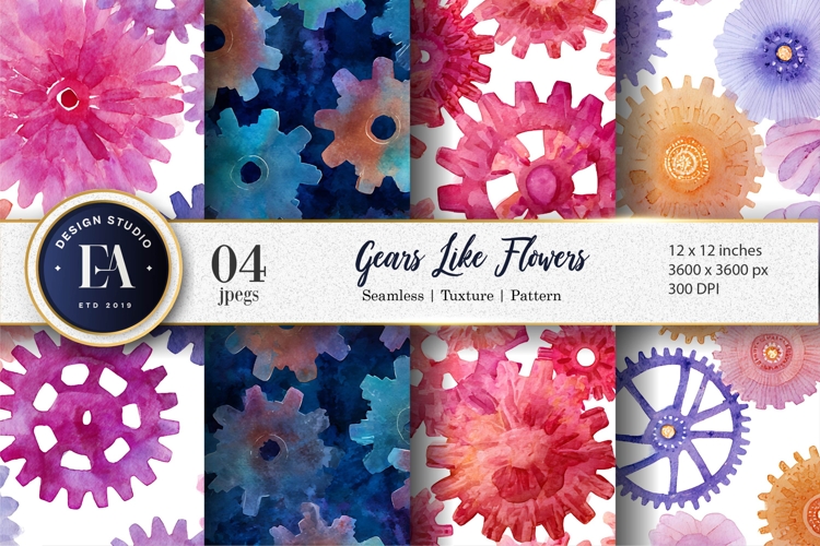 Quirky Watercolor Gears and Flowers Blend Digital Paper