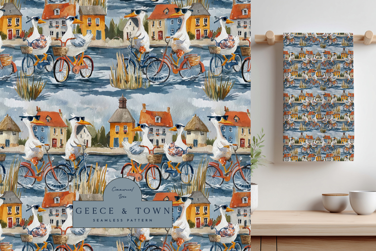Watercolor Geese and Bicycles Seamless Pattern Fabric Print