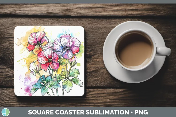 Watercolor Geranium Square Coaster Sublimation Coaster Desig