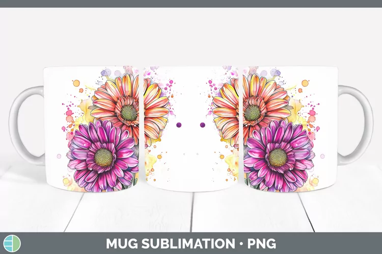 Watercolor Gerbera Daisy Mug Wrap Sublimation Coffee Cup Des