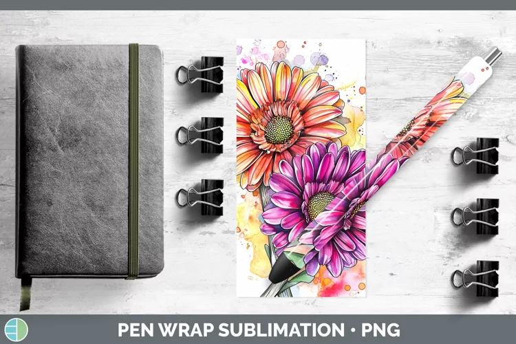 Watercolor Gerbera Daisy Pen Wrap Sublimation Pen Designs