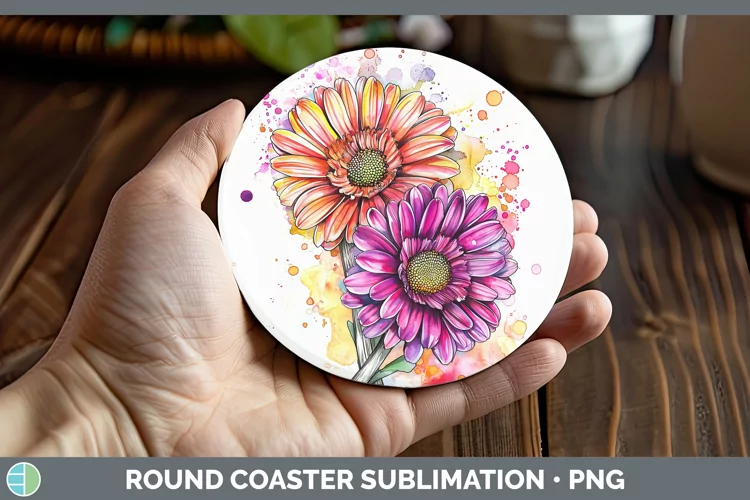 Watercolor Gerbera Daisy Round Coaster Sublimation Coaster D