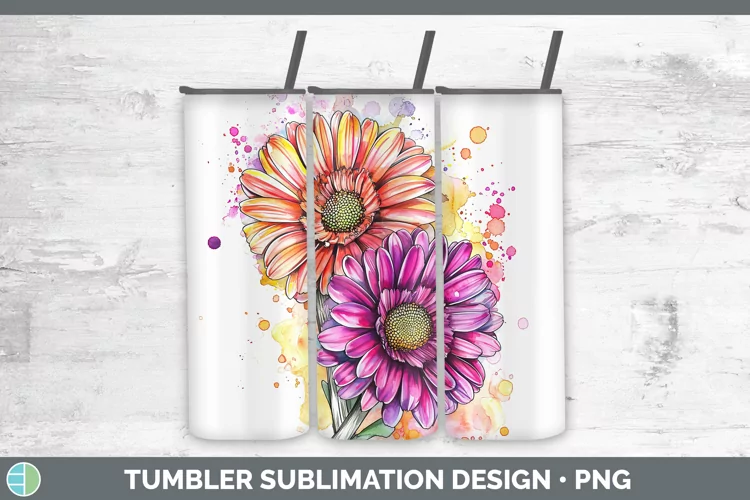 Watercolor Gerbera Daisy Tumbler Sublimation 20 oz Skinny Tu