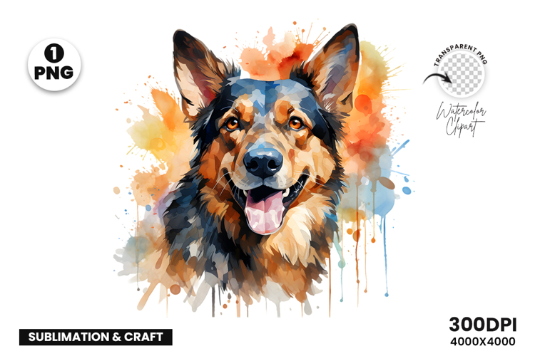 Watercolor German Shepherd Dog Clipart Sublimation Design
