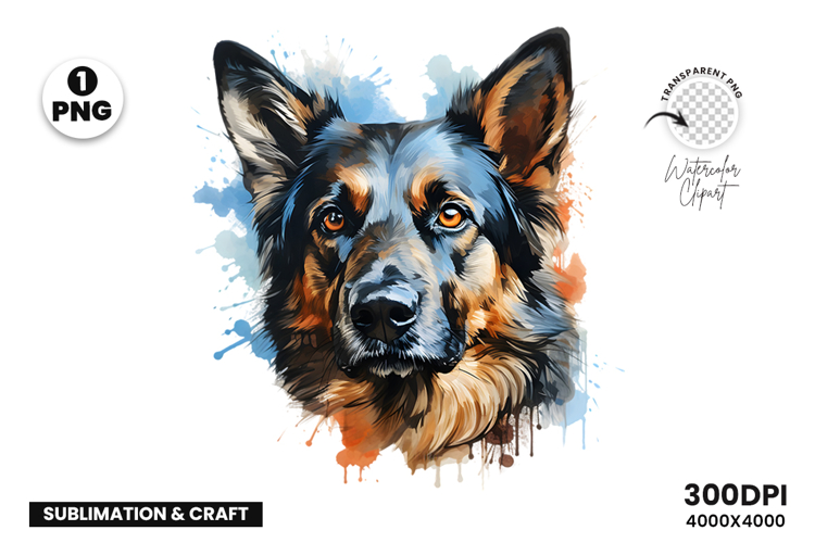 Watercolor German Shepherd Dog Clipart Sublimation Design