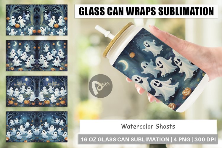 Glass Can Wraps Watercolor Ghosts