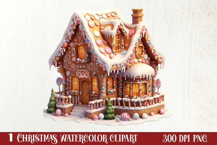 Watercolor Gingerbread House Clipart, Gingerbread
