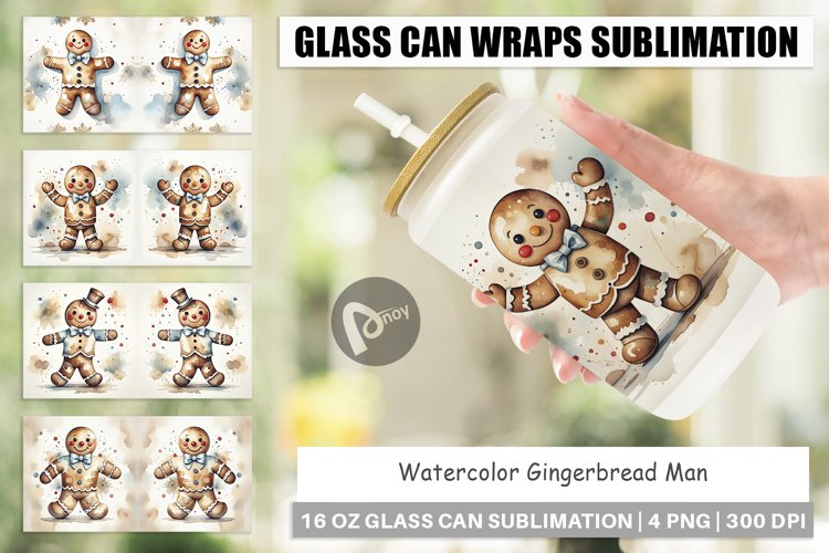 Glass Can Wraps Watercolor Gingerbread Man