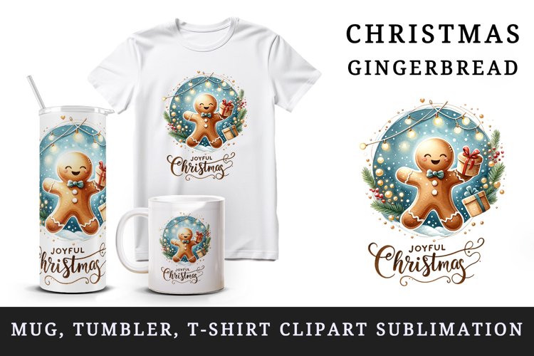 Watercolor gingerbread man gift twinkling lights Joyful Christmas quote print tumbler skinny mug wrap clipart t-shirt sublimation printable design