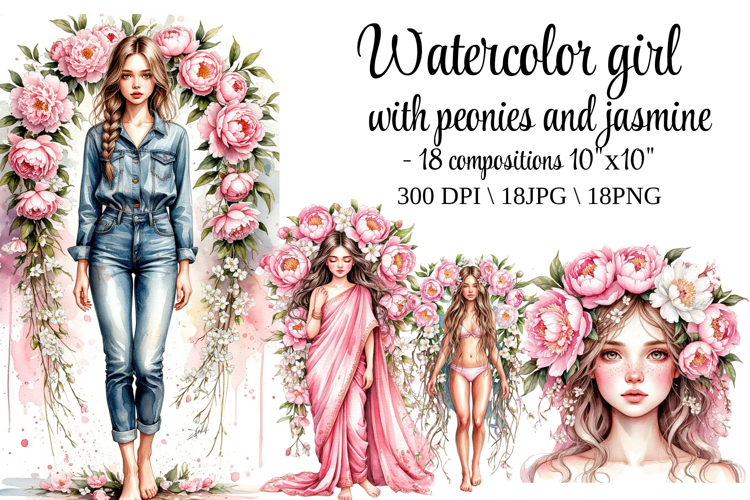 Watercolor Girl with Peonies & Jasmine Set