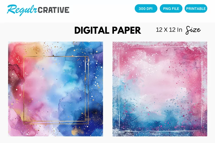 Watercolor Glitter Frame Digital Paper, Frame Background