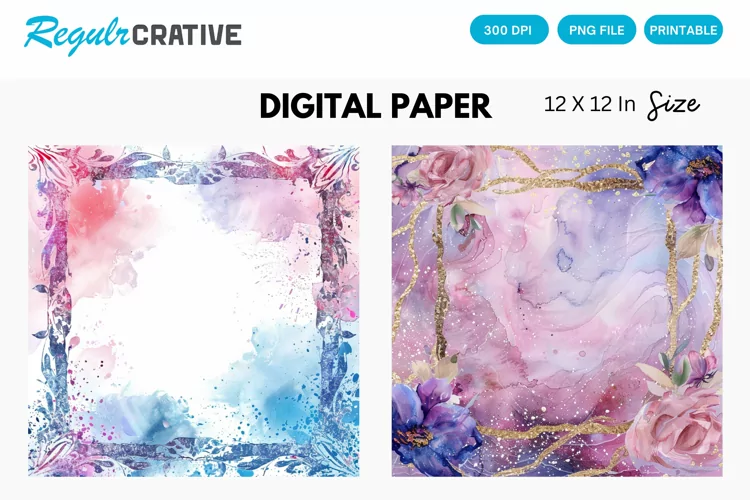 Watercolor Glitter Frame Digital Paper, Frame Background