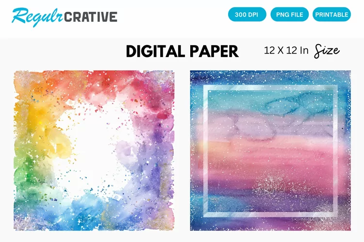 Watercolor Glitter Frame Digital Paper, Frame Background