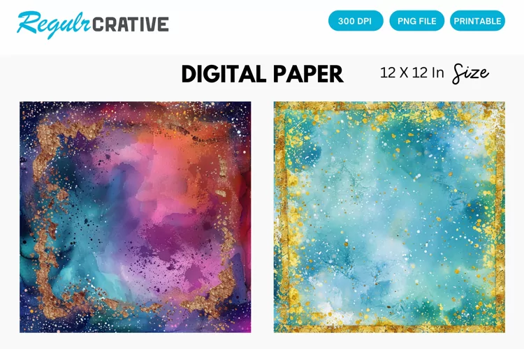 Watercolor Glitter Frame Digital Paper, Frame Background
