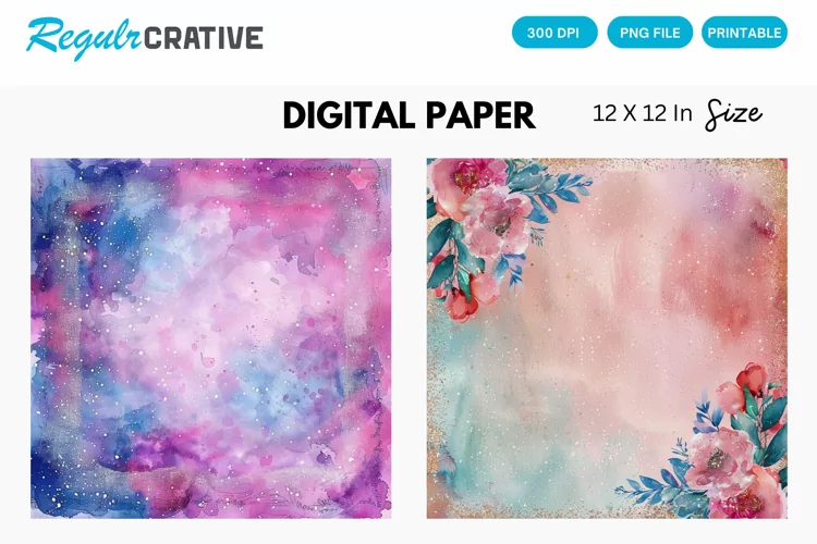 Watercolor Glitter Frame Digital Paper, Frame Background