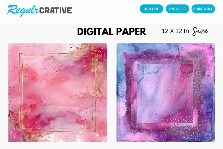 Watercolor Glitter Frame Digital Paper, Frame Background