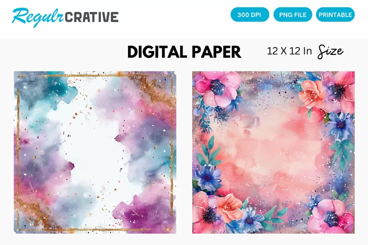 Watercolor Glitter Frame Digital Paper, Frame Background