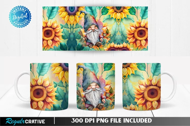 Watercolor Gnome Sunflowers 11 & 15 Oz Mug Sublimation