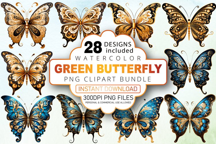 Watercolor Gold and Blue Butterfly Clipart Bundle