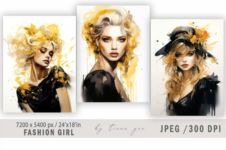 Watercolor fashion girl illustration for posters - 3 jpgs