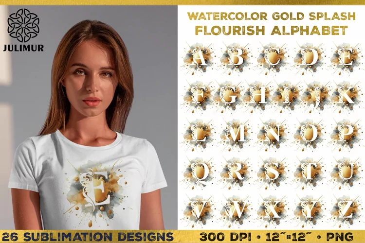 Splash Flourish Alphabet Sublimation Design. Letter Monogram