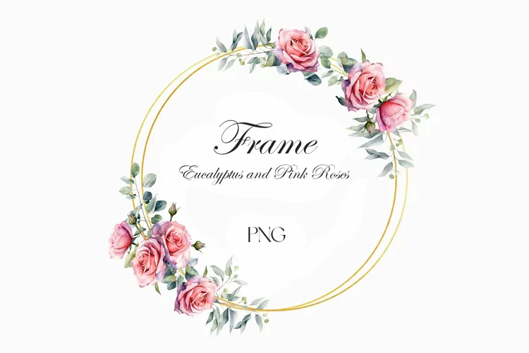 Gold frame. Pink roses and eucalyptus frame