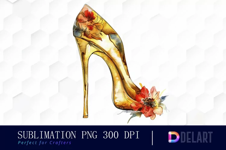 Gold High Heel With Flower Illustration PNG Clipart