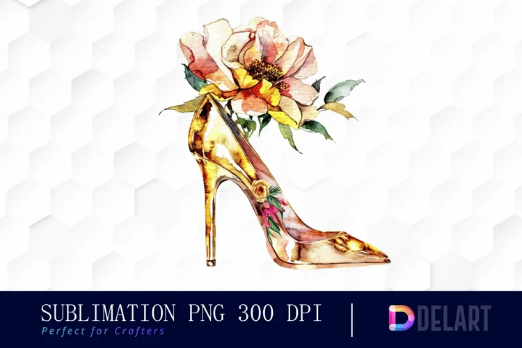 Gold High Heel With Flower PNG Clipart