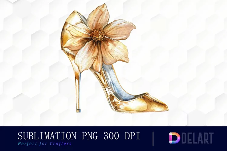 Gold High Heel With Flower Illustration Clipart