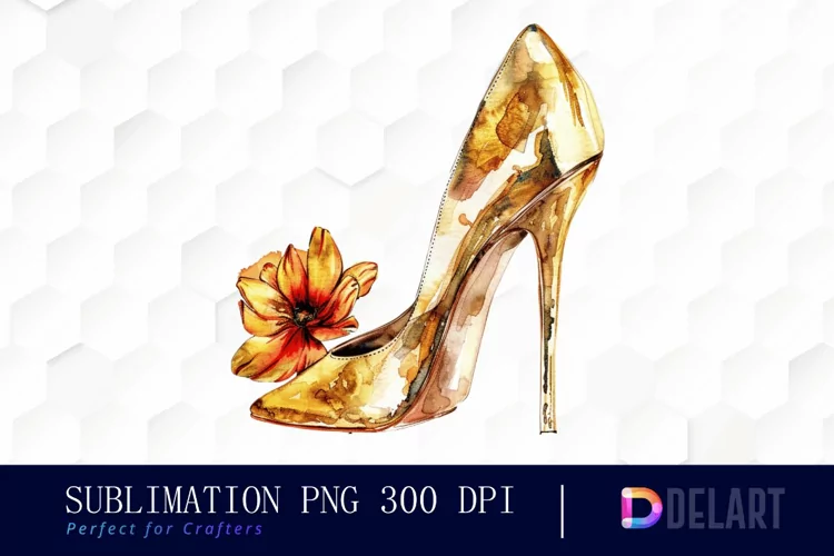Gold High Heel With Flower Illustration PNG Clipart