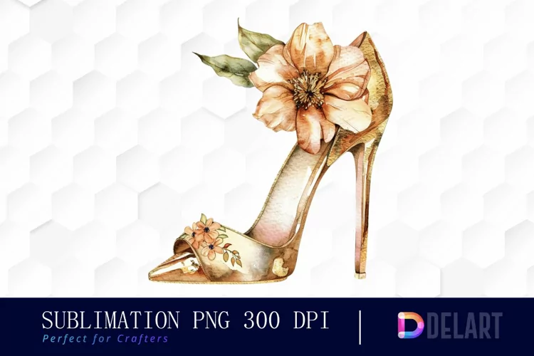 Gold High Heel With Flower Illustration Clipart