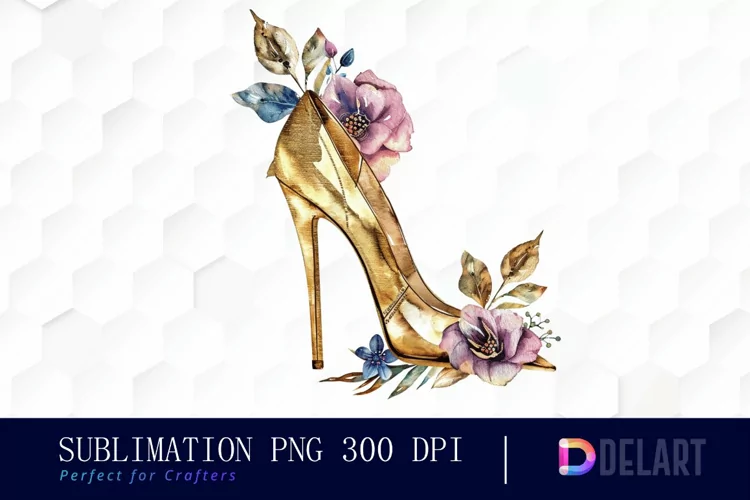 Gold High Heel With Flower Illustration PNG Clipart