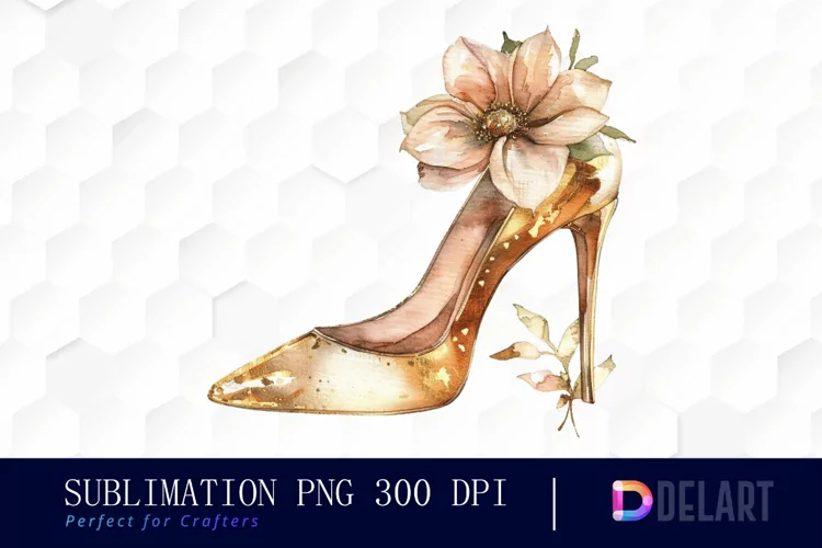 Gold High Heel With Flower Watercolor Clipart