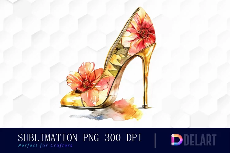Gold High Heel With Flower Watercolor Clipart
