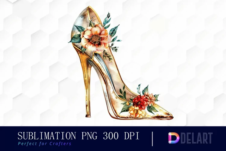 Gold High Heel With Flower Illustration Clipart