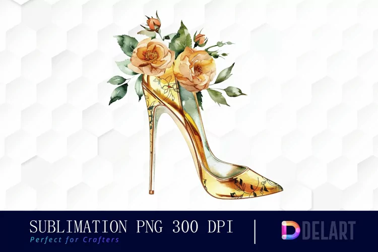 Gold High Heel With Flower PNG Clipart
