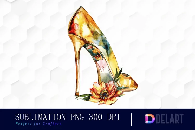 Gold High Heel With Flower Watercolor Clipart